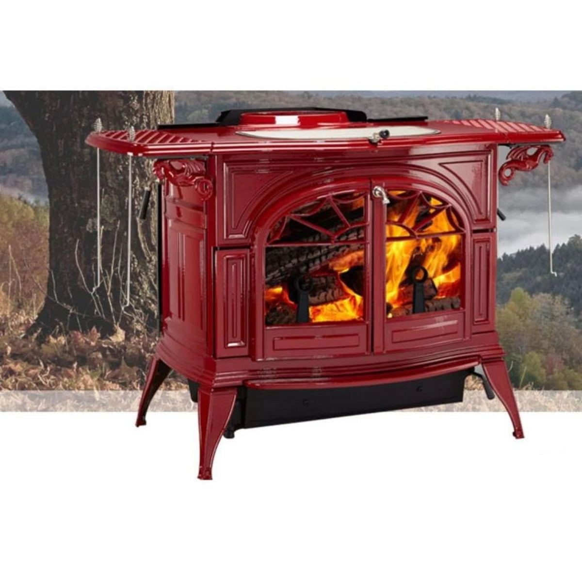 Vermont Castings Defiant 32-Inch Cast Iron Wood Stove in Bordeaux with Traditional Doors - View 3