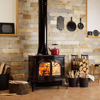 Vermont Castings Defiant 32-Inch Cast Iron Wood Stove in Majolica Brown with Traditional Doors