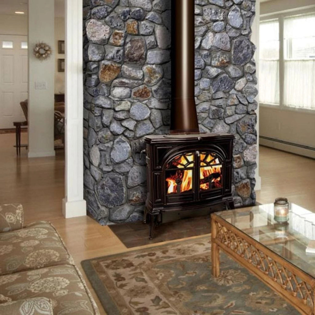 Vermont Castings Defiant 32-Inch Cast Iron Wood Stove in Majolica Brown with Traditional Doors - View 3