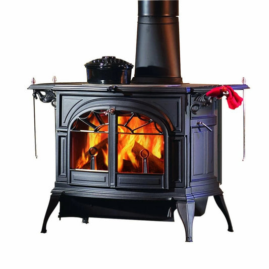 Vermont Castings Defiant 32-Inch Cast Iron Wood Stove in Twilight Enamel with Traditional Doors